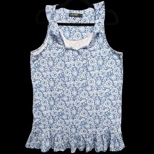 Lauren Ralph Lauren Black Label Floral‎ Top Womens Large Blue Sleeveless Ruffle